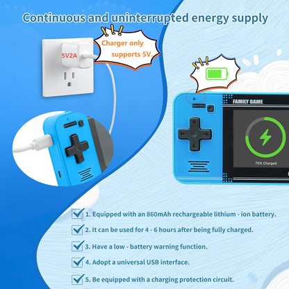 Handheld Game Console: 220 Retro Video Games, Portable with 3.0" LCD Screen & Rechargeable Battery - Blue!