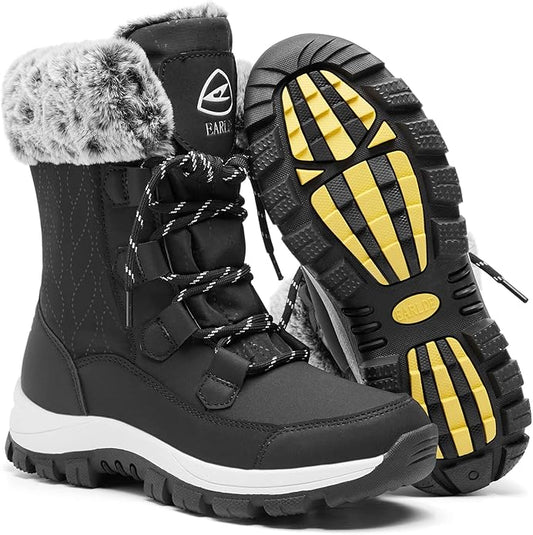 Women’s Waterproof Mid-Calf Snow Boots – Faux Fur Lined, Non-Slip Sole (Black Wheat Stripe, Size 8)