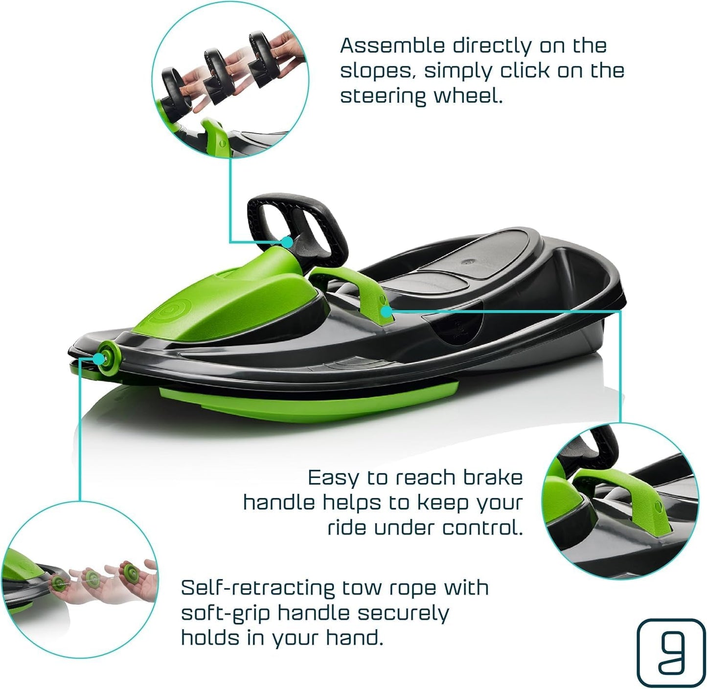 Snow Sled for Kids & Adults – Toboggan with Steering Wheel, Anti-Slip Seat & Brake (Mystic Green, 260 lbs, Age 3+)