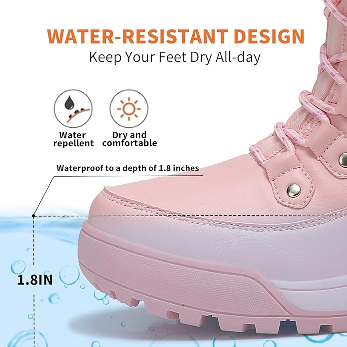 Women’s Non-Slip Insulated Snow Boots – Faux Fur Lace-Up Winter Shoes (Pink, Size 7)