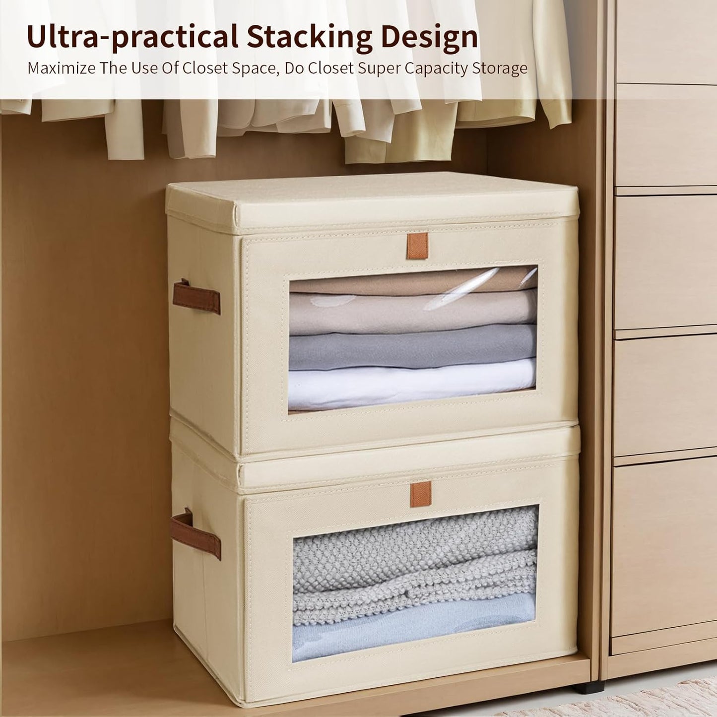 Large Closet Storage Organizer – Fabric Storage Bins with Handles & Window (2-Pack, Beige)