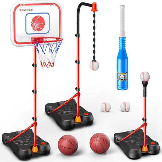 2-in-1 Kids Basketball Hoop and T Ball Set, Adjustable Basket Ball Stand, Outdoor and Indoor Toys Gifts
