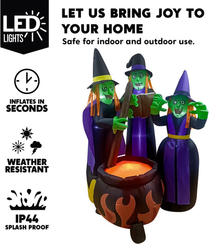 6 FT Halloween Inflatable Witches & Cauldron – Flame Light LED Blow-Up Decoration for Indoor & Outdoor Yard, Lawn & Party Décor