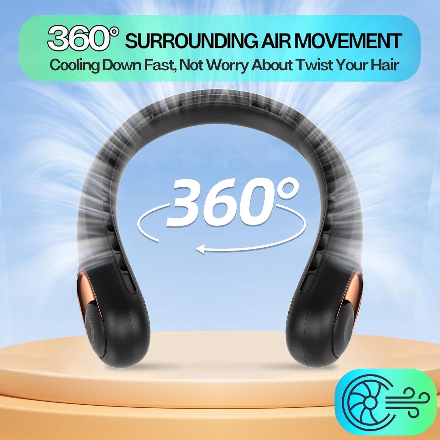 Portable Bladeless Neck Fan – 360° Airflow, Quiet USB Rechargeable Wearable Cooling Fan with 3 Speeds & 4000mAh Battery