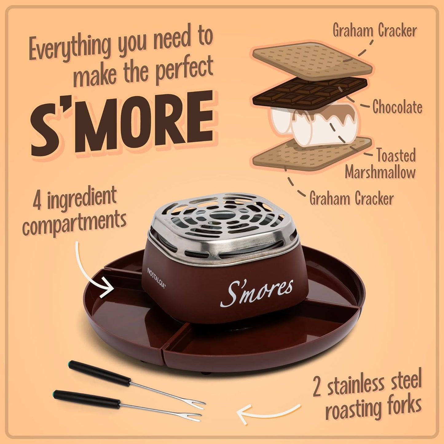 Tabletop Electric S’mores Maker Kit – Indoor Set with Roasting Sticks & 4 Trays (Brown)