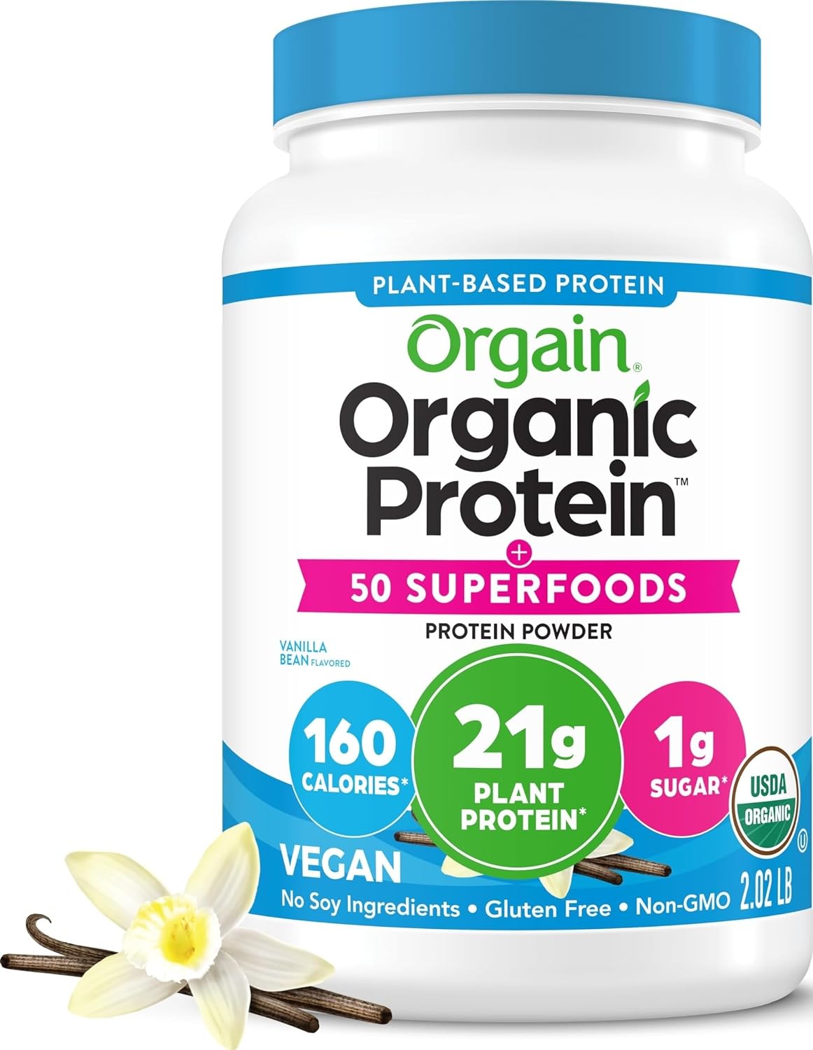 Orgain Organic Vegan Protein + 50 Superfoods Powder – Vanilla Bean, 21g Plant Protein – 2.02 lb