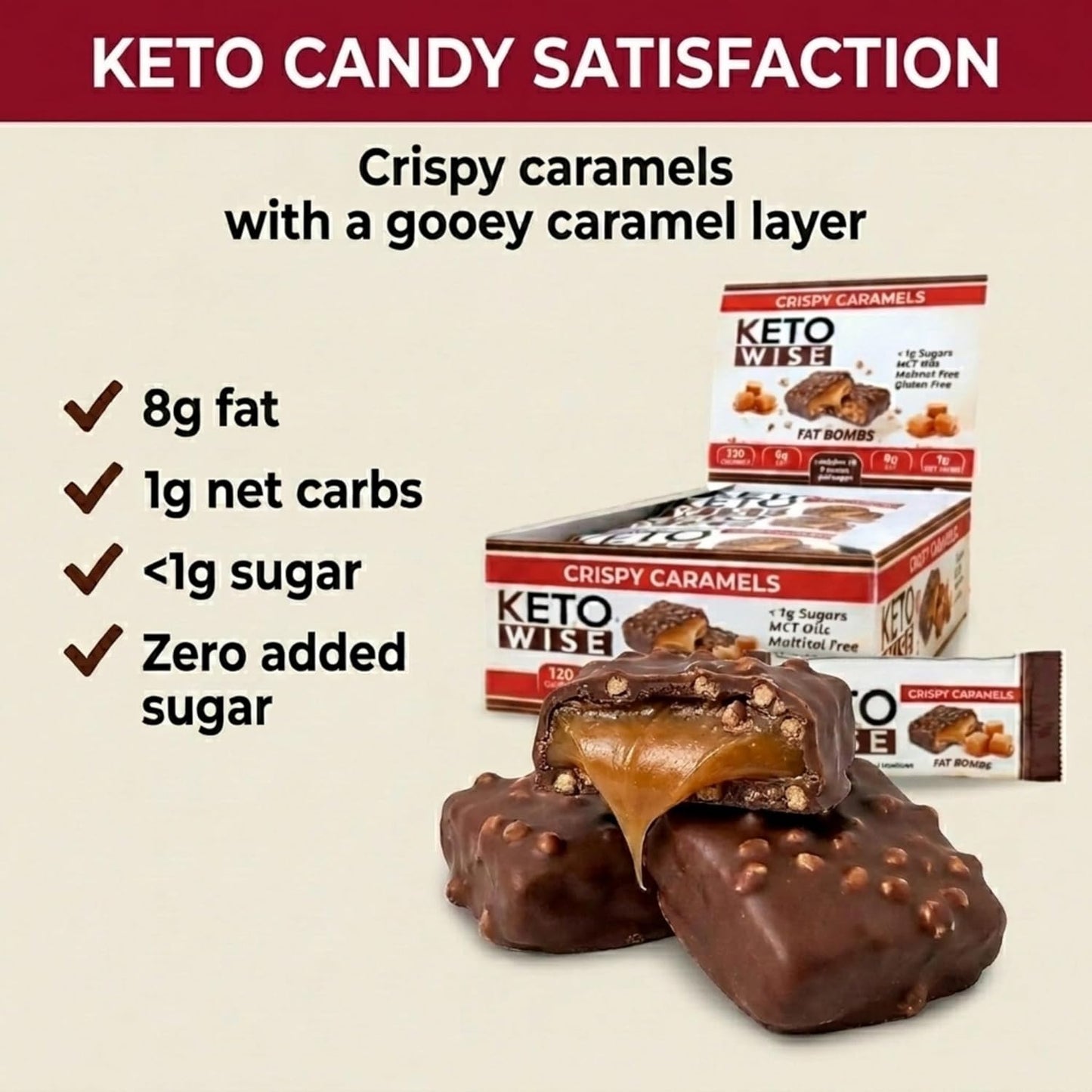 Crispy Caramel Fat Bombs – Keto-Friendly, Zero Sugar Added, Low Carb with MCT Oil, 16 Count
