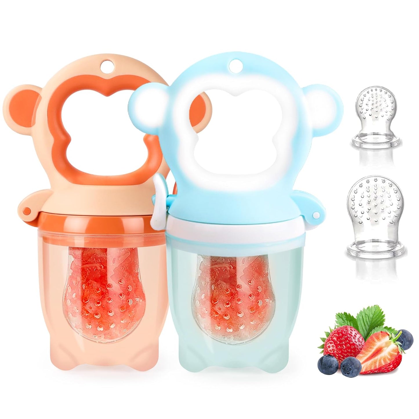 Baby Fresh Fruit Feeder Pacifier – 2-Pack Freezable Teething Toy with Silicone Pouches (Monkey, Orange & Blue)