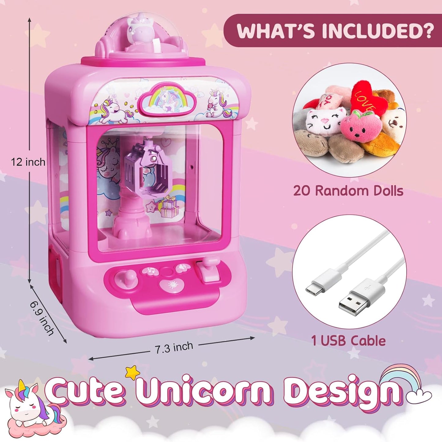 Claw Machine for Kids, Candy Grabber Prize Dispenser with Sound & 20 Mini Plush Toys