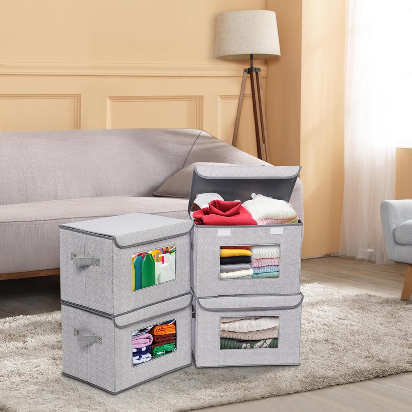 4-Pack Large Foldable Fabric Storage Bins with Lids - Gray (17" x 12" x 12")