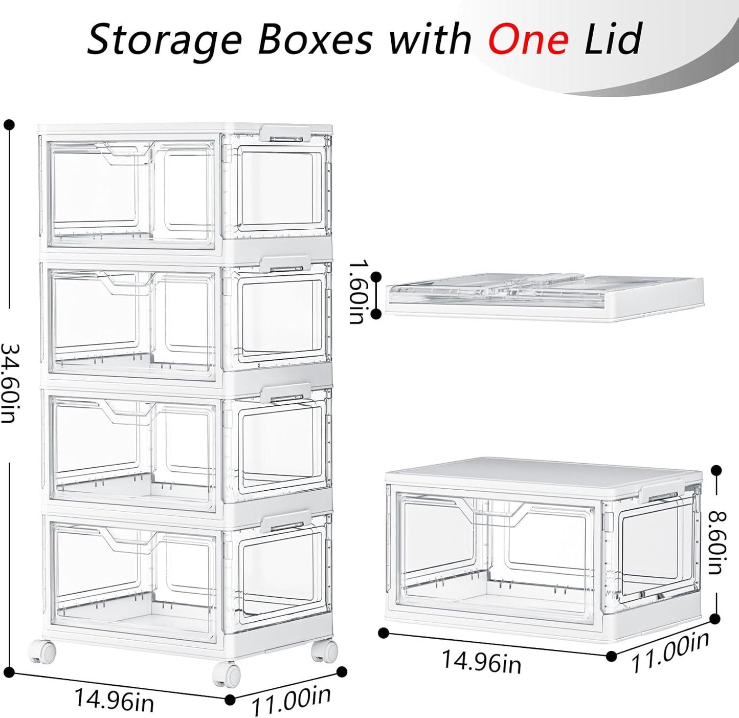 24 QT Portable Clear Storage Bins with Lid & Wheels - Stackable 4-Tier Organizer with Magnetic Doors for Home & Office
