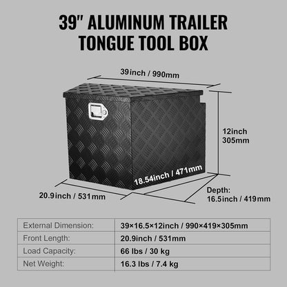 Heavy-Duty Aluminum Trailer Tongue Tool Box – 39" Lockable Storage Chest with Keys for Trailers, Trucks, RVs & Off-Road Vehicles, Black