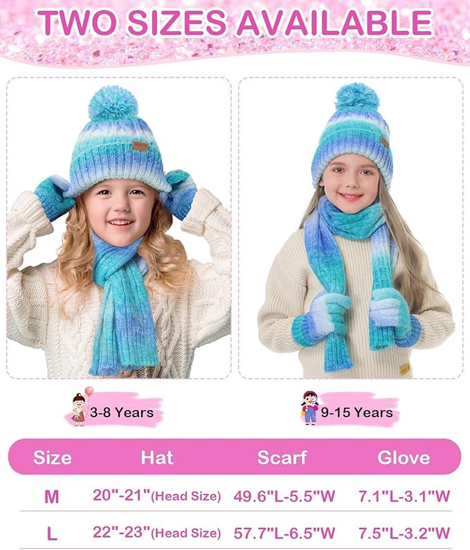 Kids Winter Hat, Scarf & Mittens Set – Fleece-Lined Knit (Ages 9–15, Candy Colors)