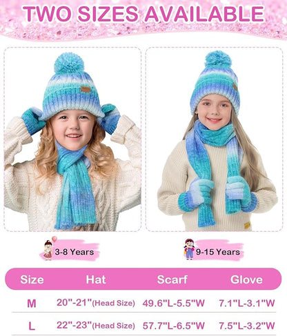 Kids Winter Hat, Scarf & Mittens Set – Fleece-Lined Knit (Ages 9–15, Candy Colors)