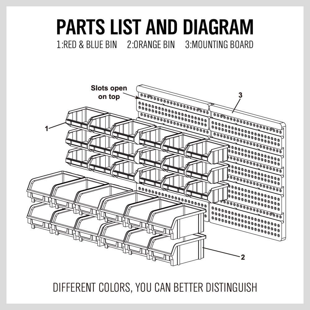 30PC Wall Mounted Storage Bin Rack – Garage Parts & Tool Organizer with Plastic Bins – Blue, Orange & Red