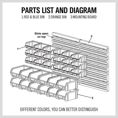 30PC Wall Mounted Storage Bin Rack – Garage Parts & Tool Organizer with Plastic Bins – Blue, Orange & Red