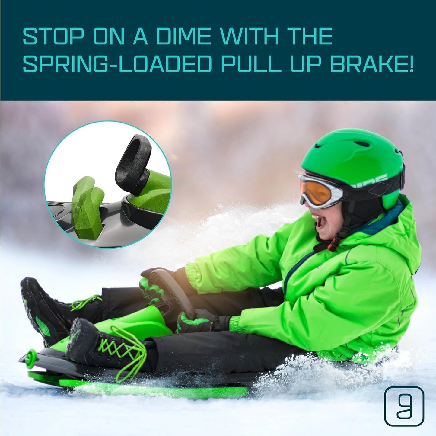 Snow Sled for Kids & Adults – Toboggan with Steering Wheel, Anti-Slip Seat & Brake (Mystic Green, 260 lbs, Age 3+)