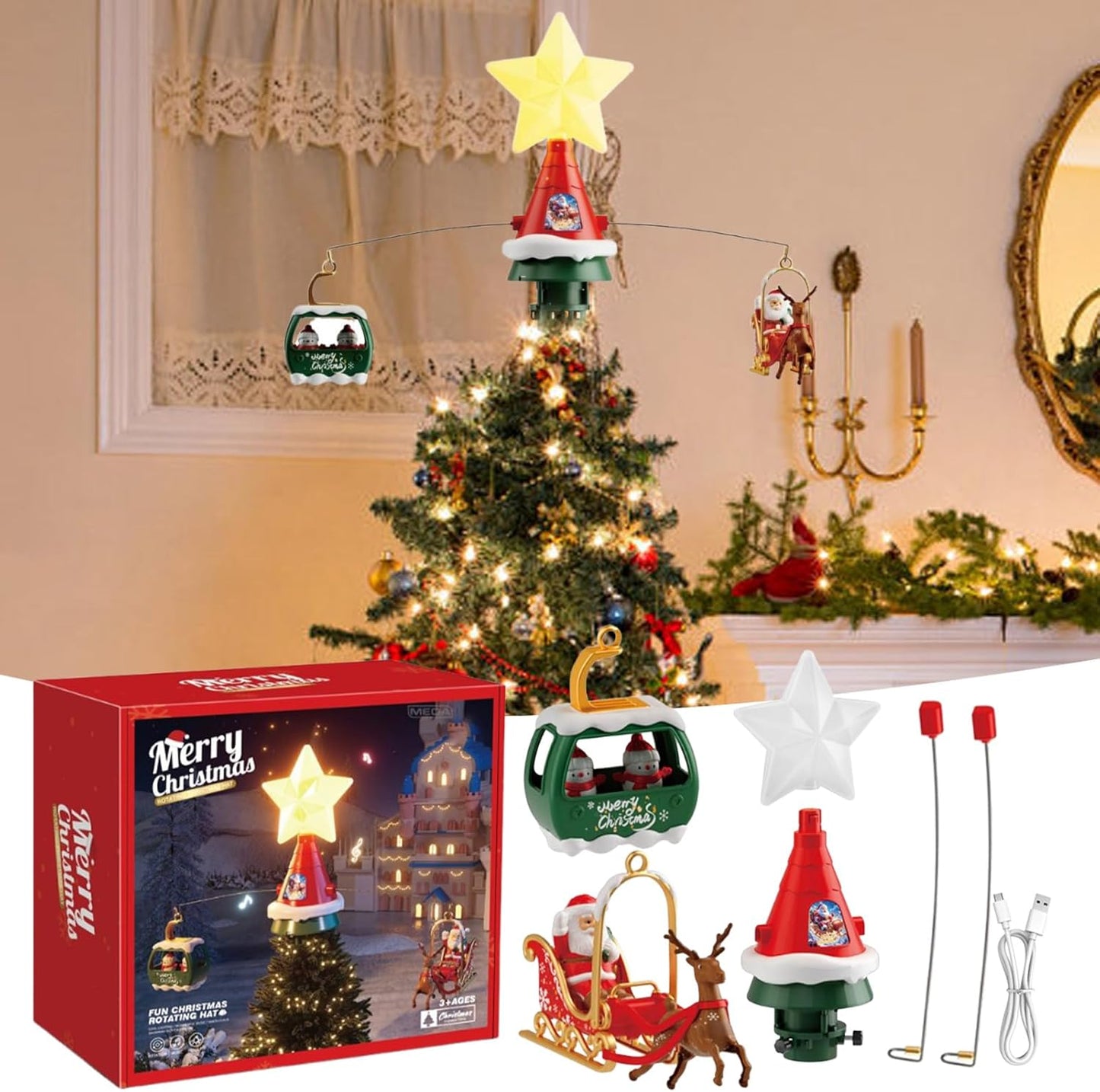 Electric-Rotating Star Christmas Tree Topper Ornament, with Led Star Santa Claus and Reindeer Sleigh