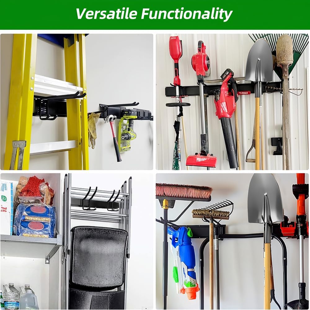 48" Garage Tool Organizer Wall Mount – Heavy-Duty Rail Rack with 6 Double-Layer Hooks for Yard Tools & Shovels