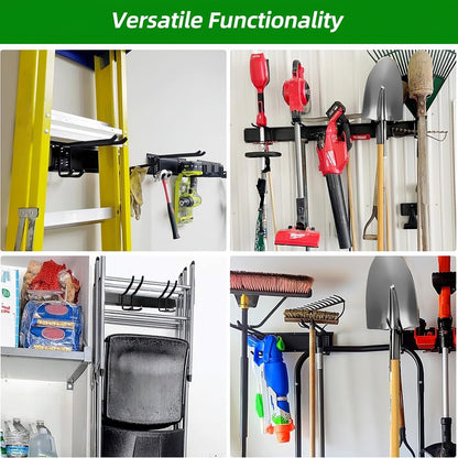 48" Garage Tool Organizer Wall Mount – Heavy-Duty Rail Rack with 6 Double-Layer Hooks for Yard Tools & Shovels