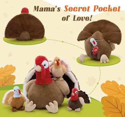 14" Thanksgiving Turkey Stuffed Animal with 3 Baby Turkeys – Soft Fall Plush Toy & Holiday Décor