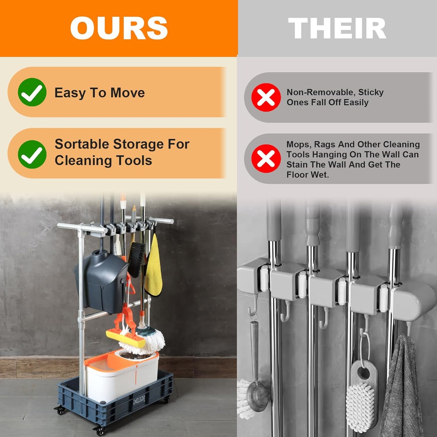 Mobile Mop and Broom Holder – Space-Saving Organizer for Cleaning Tools, Keeps Mops, Brooms & Supplies Neatly Stored