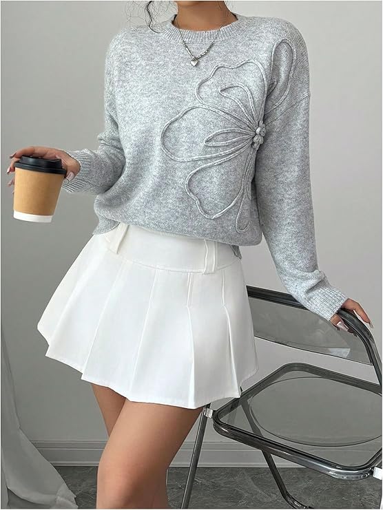 Women’s 3D Floral Appliqué Sweater – Long Sleeve Crewneck Knit Pullover