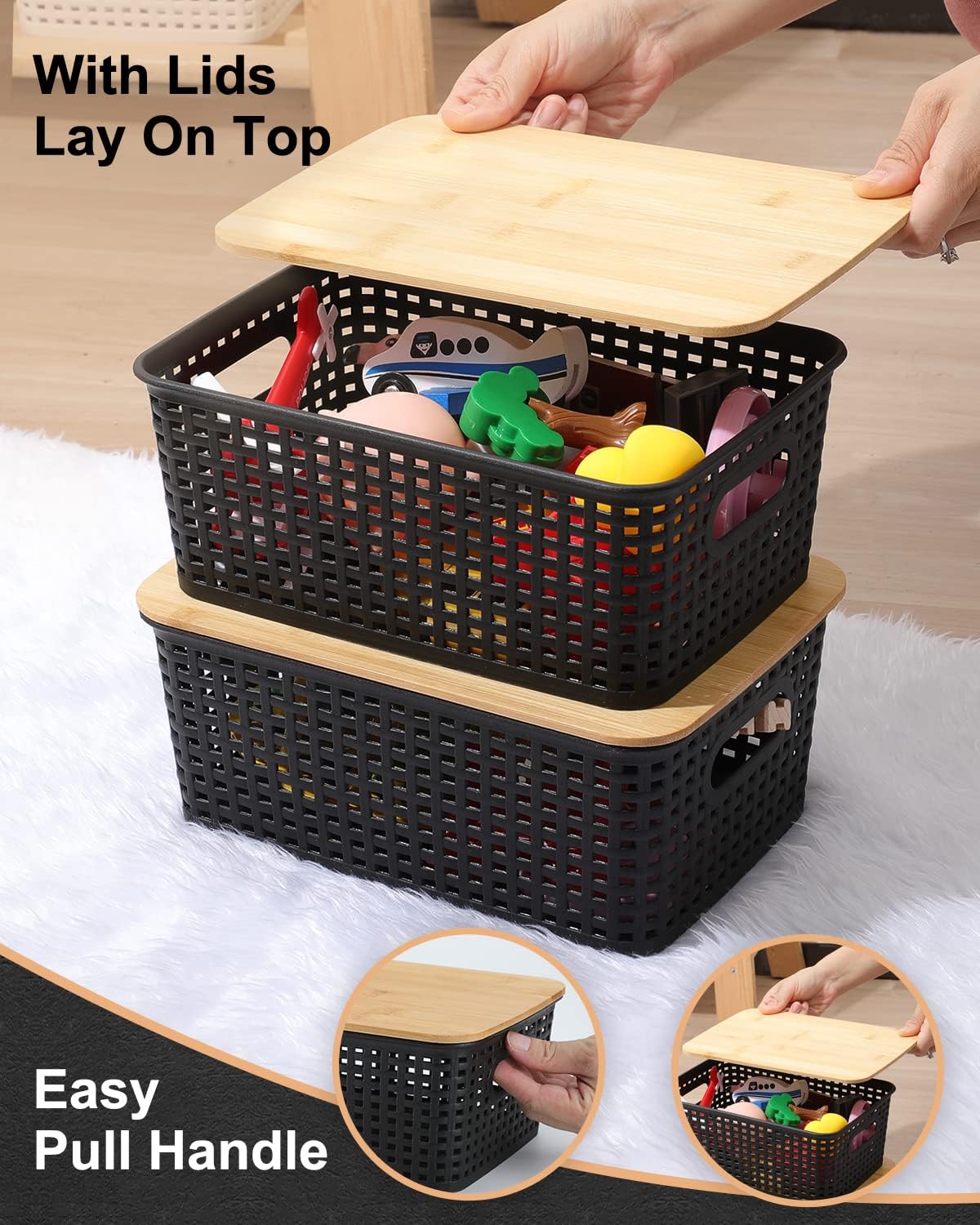 Storage Bins with Bamboo Lids (Set of 6) – Plastic Organizer Containers for Kitchen, Bedroom, Office & Closet – Black