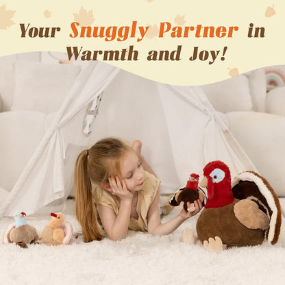 14" Thanksgiving Turkey Stuffed Animal with 3 Baby Turkeys – Soft Fall Plush Toy & Holiday Décor