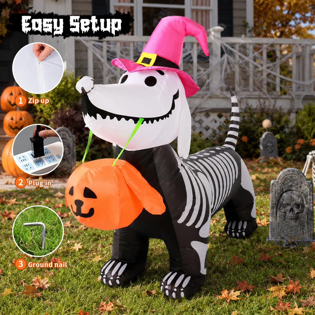 5.5 Ft Halloween Inflatable Skeleton Puppy – LED Light-Up Pumpkin Blow-Up Decoration for Indoor & Outdoor Yard, Garden & Party Décor