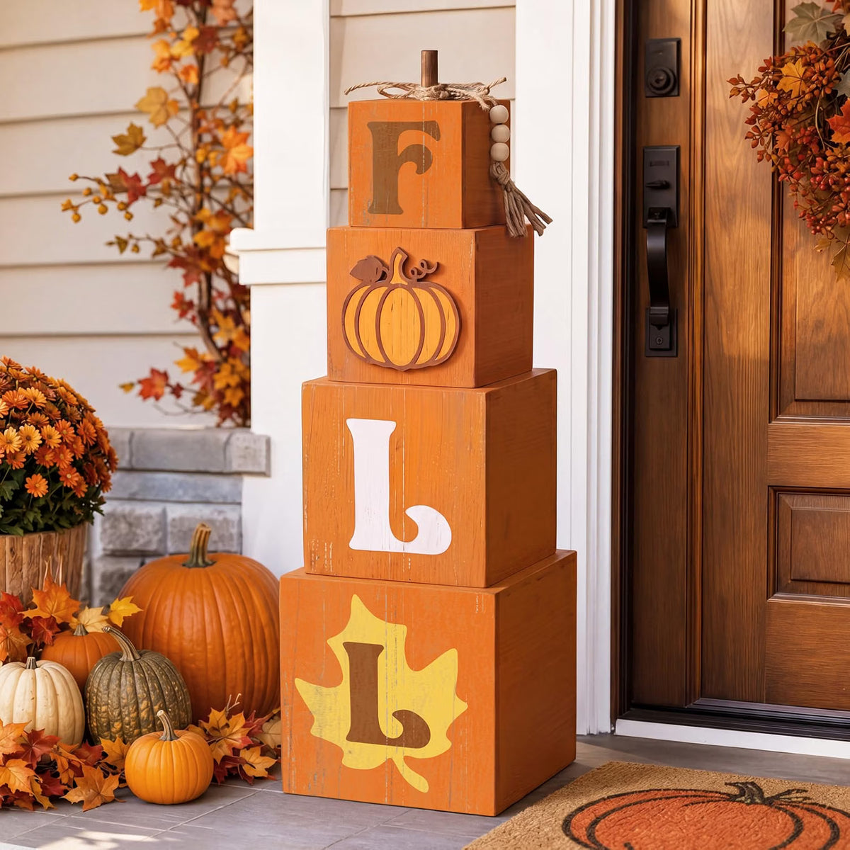 Stacked Pumpkin Ghost Boo Box – Fall Porch Decoration for Halloween & Autumn Outdoor Décor