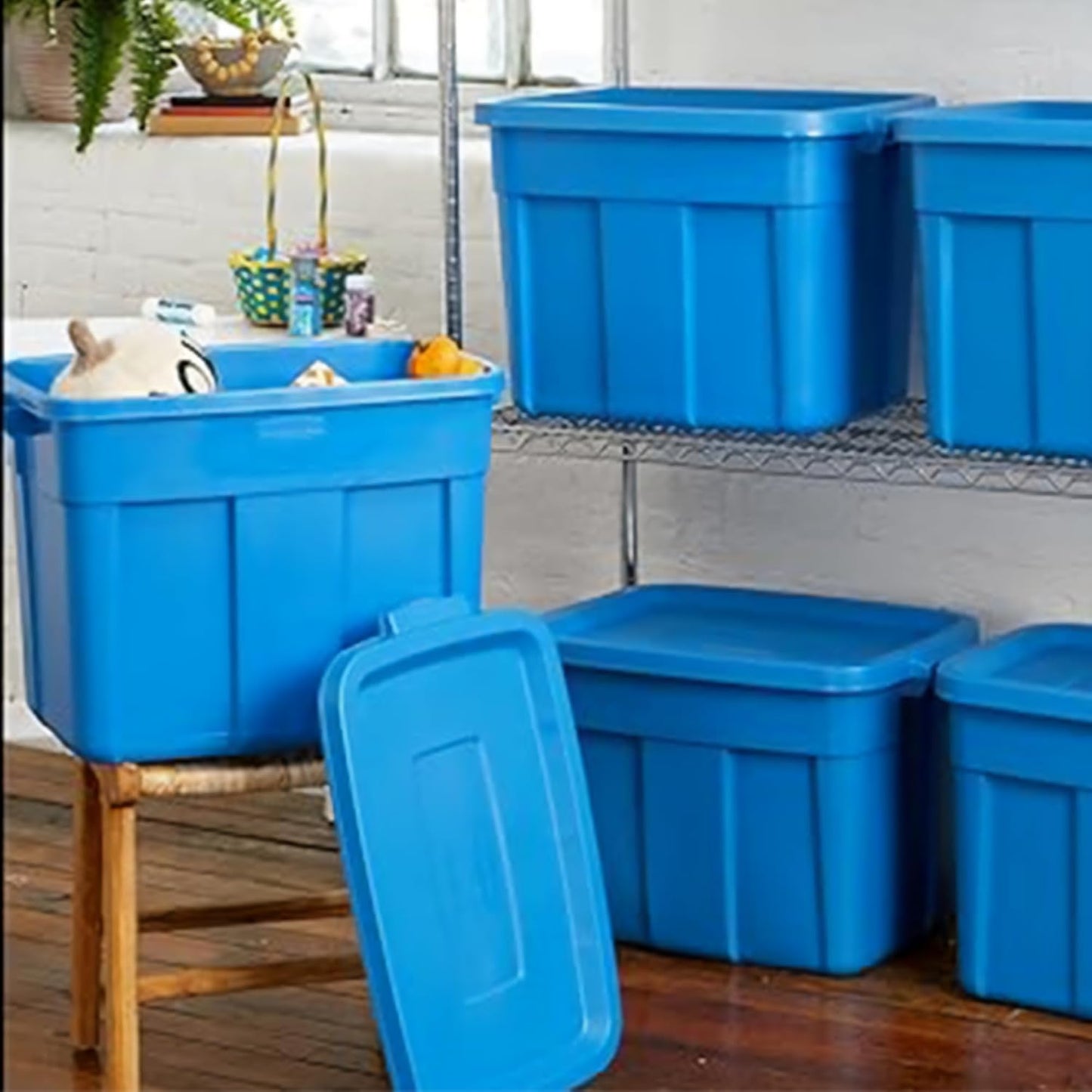 18 Gal Roughneck Tote Storage Bins – Rugged Stackable Plastic with Lids & Handles – Heritage Blue (6 Pack) – Made in USA