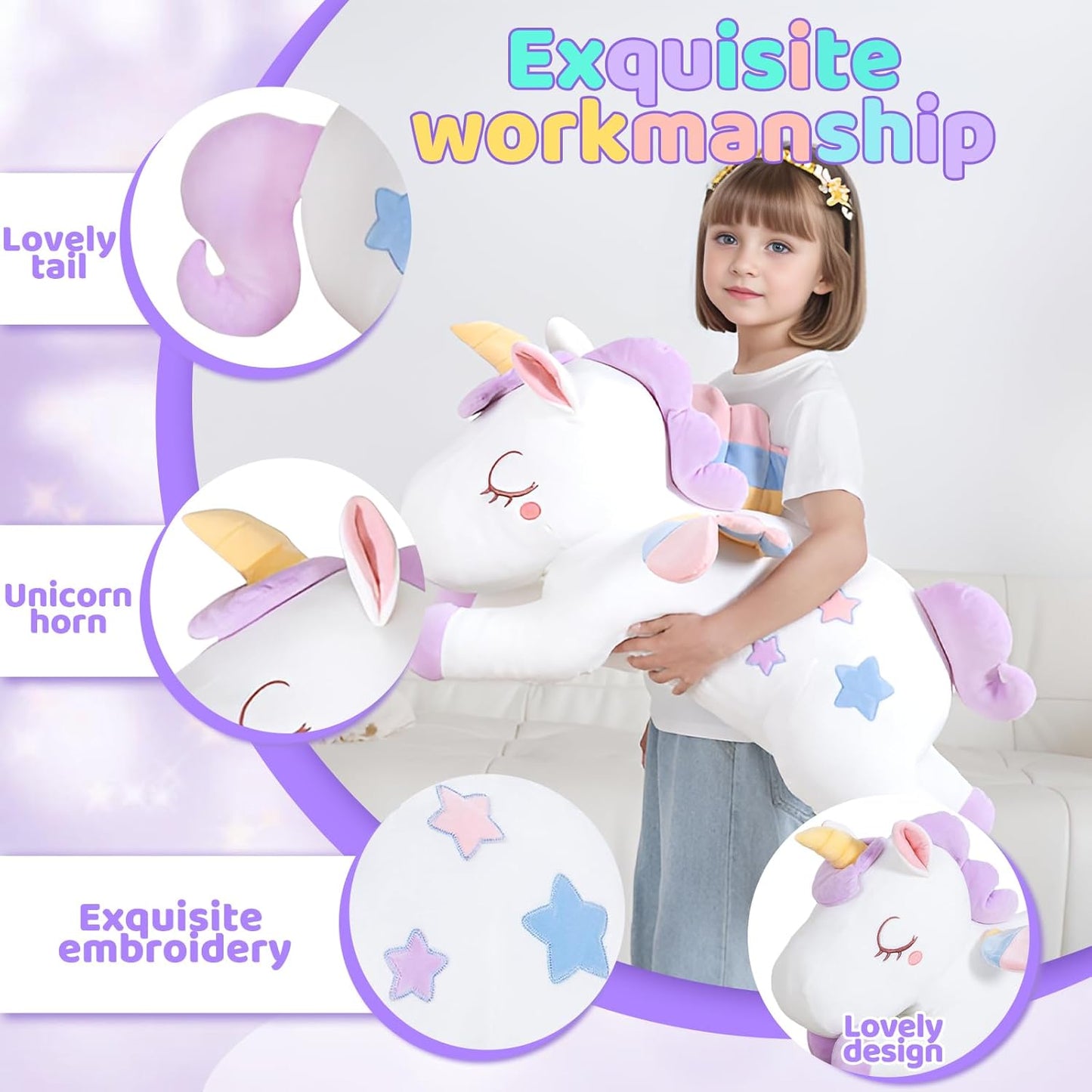 32" Purple Unicorn Plush Toy – Giant Stuffed Animal & Sleeping Pillow for Kids