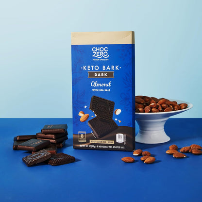 Sugar-Free Dark Chocolate Almond Keto Bark with Sea Salt – Vegan, Low Carb, High Fiber, No Sugar Alcohols, 3.2 oz Bars (4 Pack)