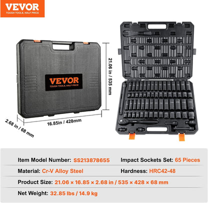 65-Piece 1/2" Drive Impact Socket Set, SAE & Metric, Cr-V Alloy Steel, Rugged Case
