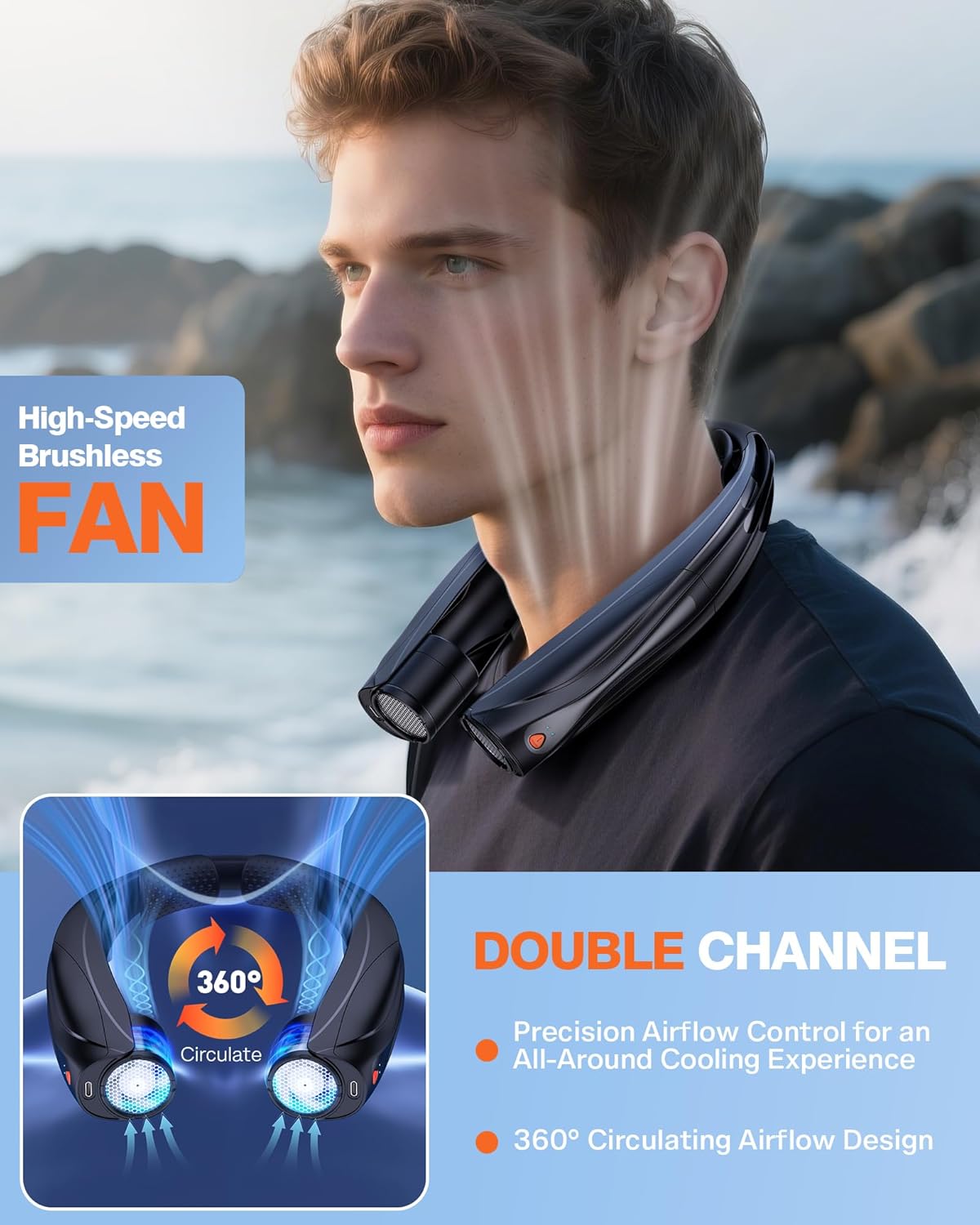 Portable Neck Fan – 6000mAh Rechargeable Wearable Cooling Fan with 6 Speeds & 360° Airflow for Travel, Office & Outdoor Use