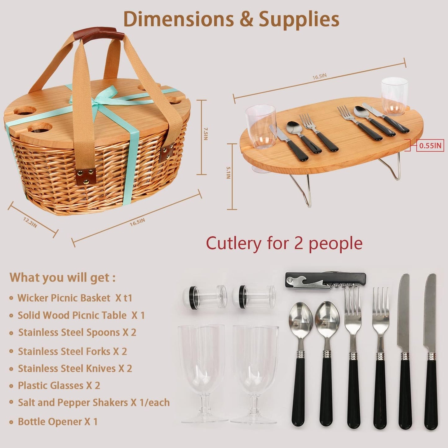 Wicker Picnic Basket Set for 2 – Includes Mini Folding Wine Table, Insulated Cooler & Full Cutlery Kit
