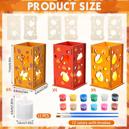 12-Set DIY Wooden Autumn Lantern Craft Kit – Fall Decorations with LED Candles for Kids & Thanksgiving Activities