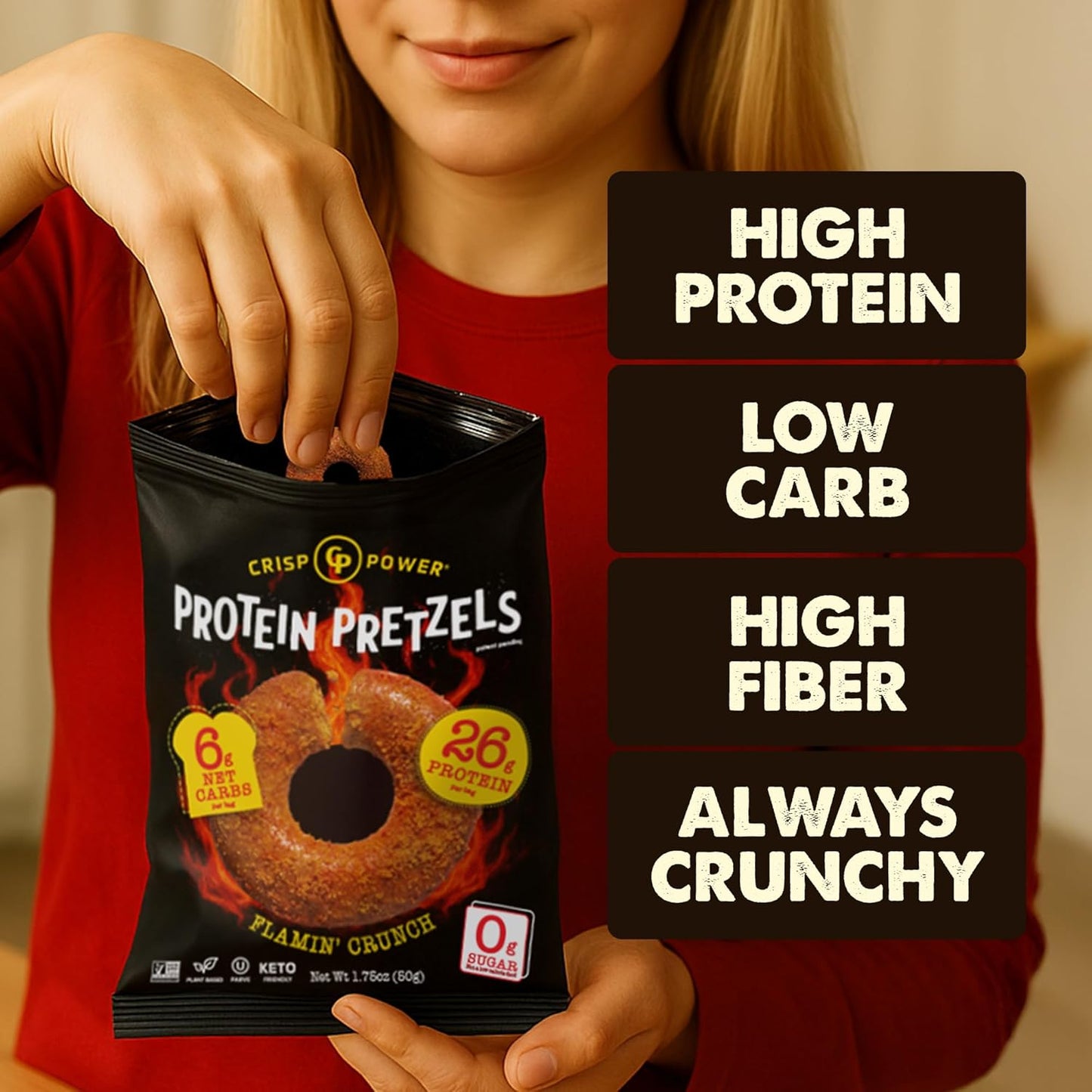 Flamin’ Crunch Protein Pretzels – 26g Protein, High Fiber, Low Carb – No Added Sugar – 6 Pack – Vegan & Keto