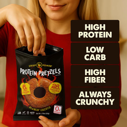 Flamin’ Crunch Protein Pretzels – 26g Protein, High Fiber, Low Carb – No Added Sugar – 6 Pack – Vegan & Keto
