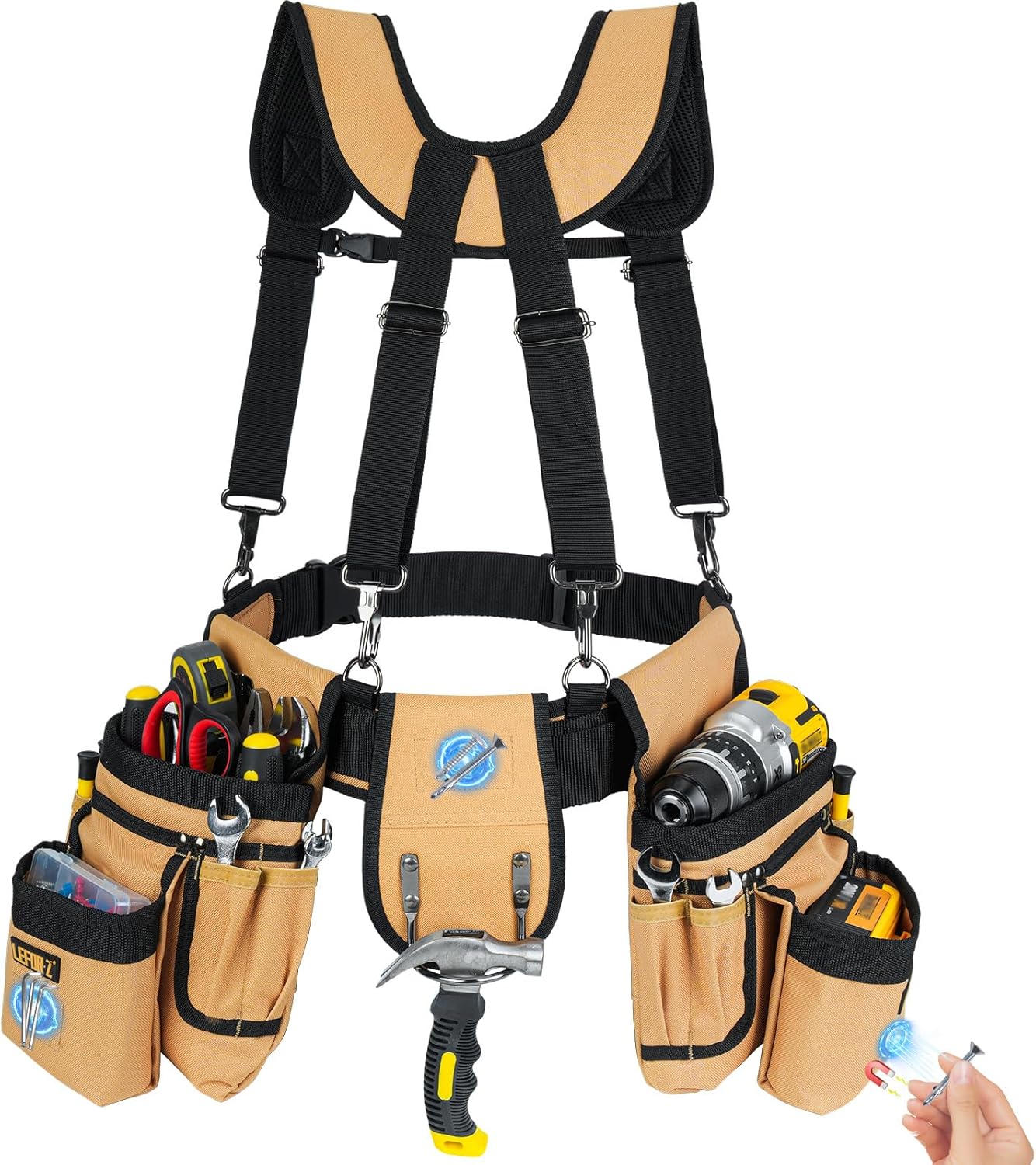 Tool Belt with Suspenders for Men–27 Pocket Heavy-Duty Adjustable Work Belt for Electrician, Carpenter & Construction