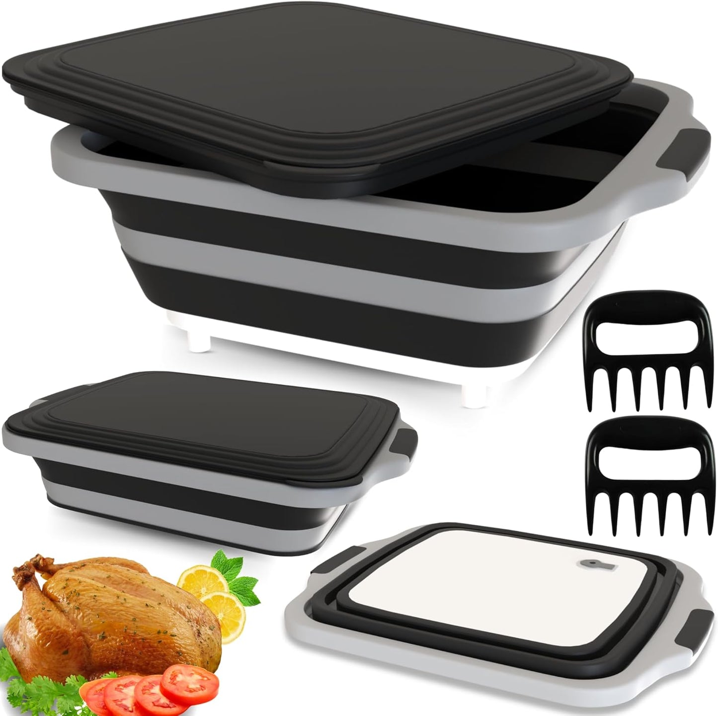 BBQ Prep Tub XL Size with 2 Meat Shredder Claws, Collapsible Cutting Board, and Drip Easy Lid
