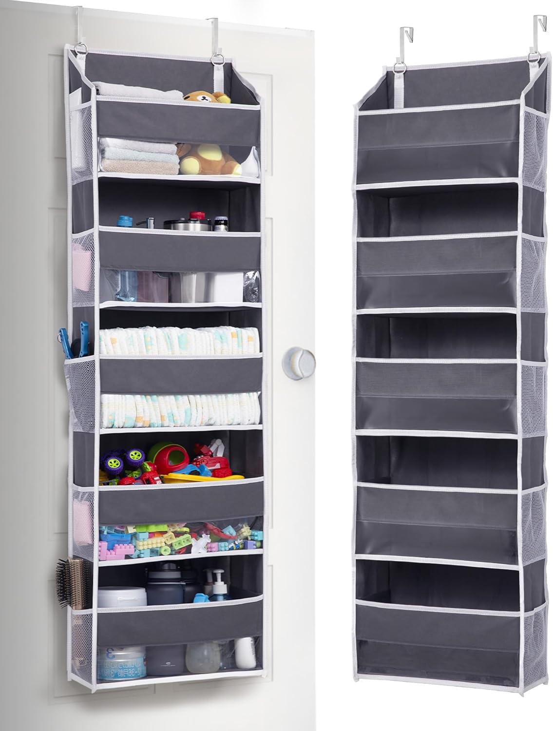 Over Door Organizer – 5 Large Pockets & 10 Mesh Side Pockets – Hanging Storage with Clear Window – Dark Grey (5 Layers)