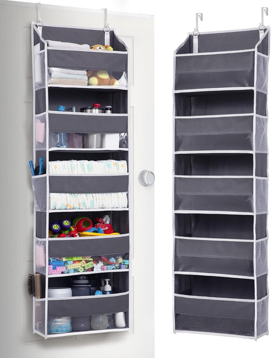 Over Door Organizer – 5 Large Pockets & 10 Mesh Side Pockets – Hanging Storage with Clear Window – Dark Grey (5 Layers)