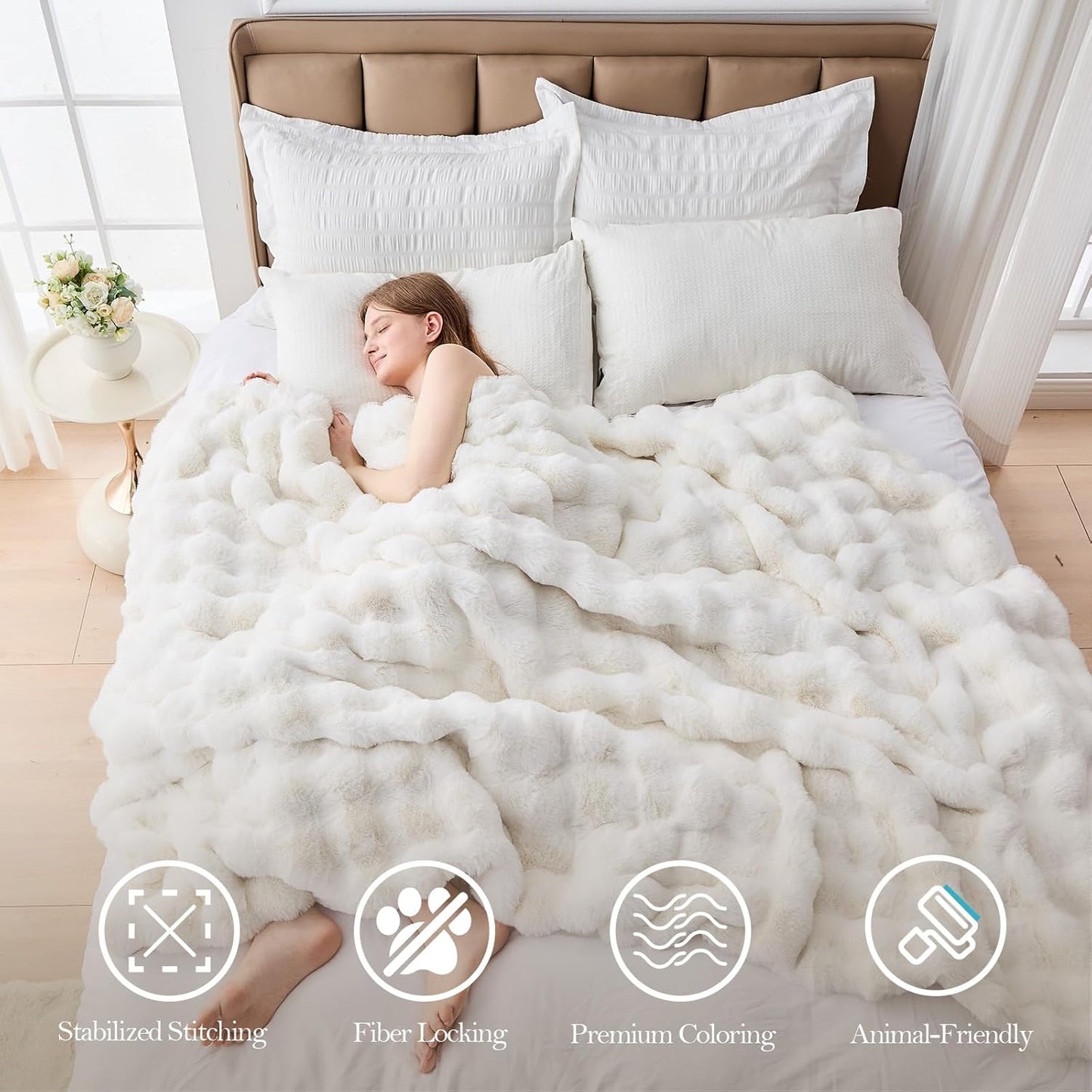 Faux Fur Throw Blanket – 1000 GSM Plush Bubble Sherpa (Ivory White, 50x60)