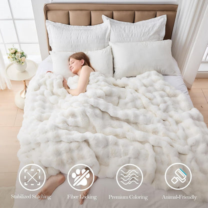 Faux Fur Throw Blanket – 1000 GSM Plush Bubble Sherpa (Ivory White, 50x60)