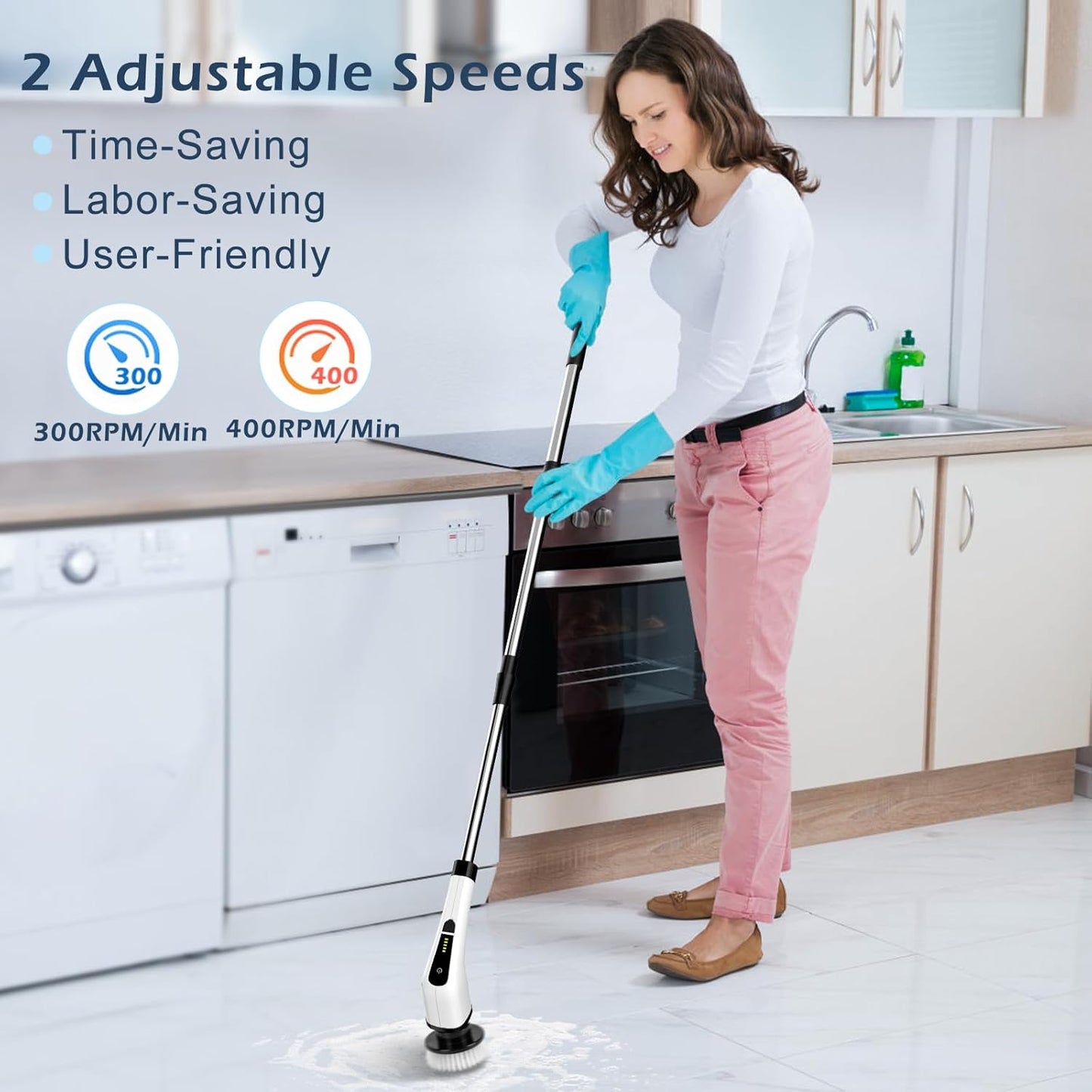 Cordless Electric Spin Scrubber with 8 Brush Heads – 90 Min Runtime, 3 Sizes, 2 Speeds