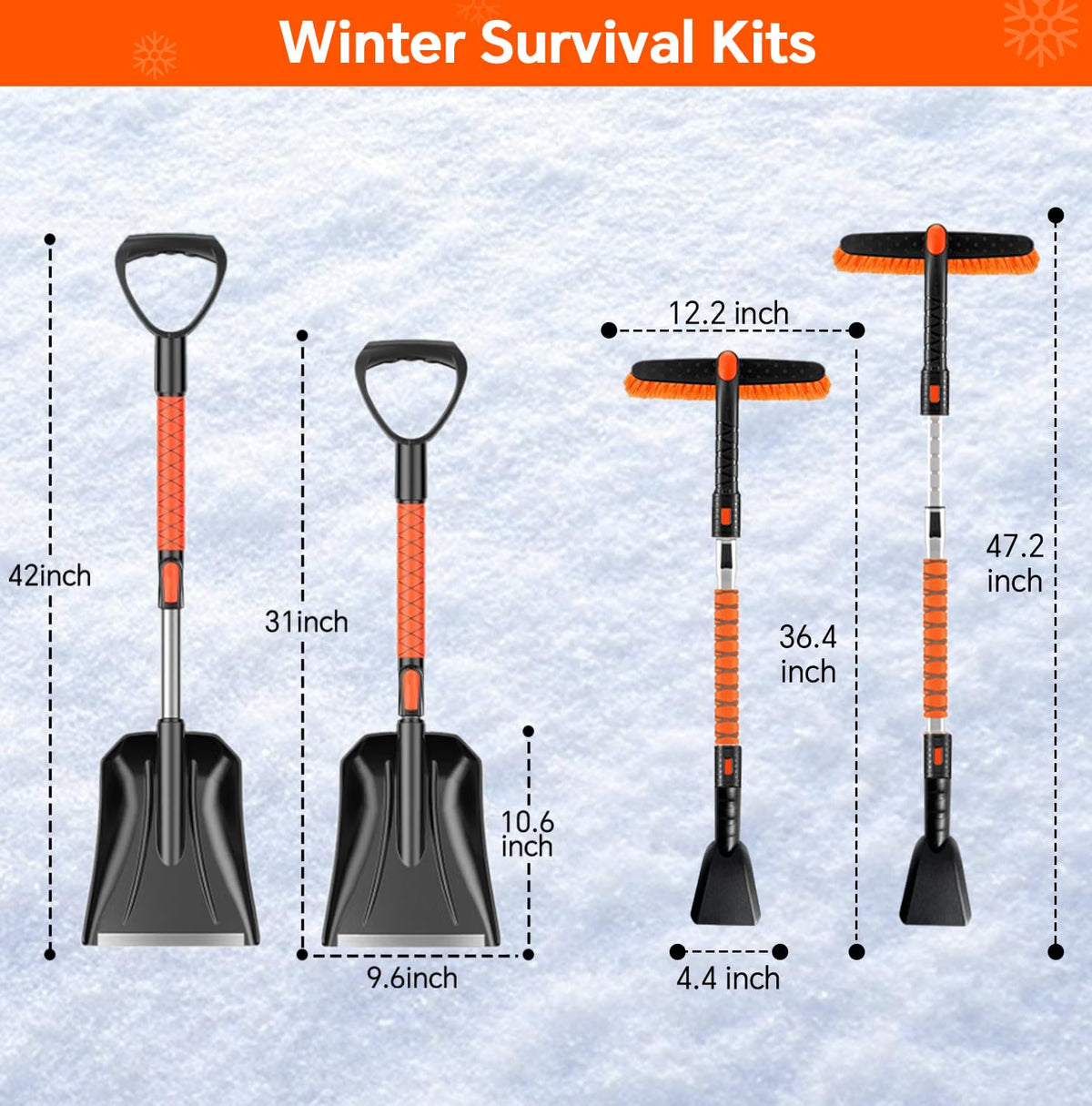 7-in-1 Extendable Snow Brush & Shovel Kit – 47.2" Ice Scraper with 360° Pivoting Head, Foam Grip & Glove for Cars