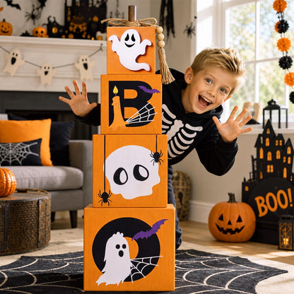 Stacked Pumpkin Ghost Boo Box – Fall Porch Decoration for Halloween & Autumn Outdoor Décor