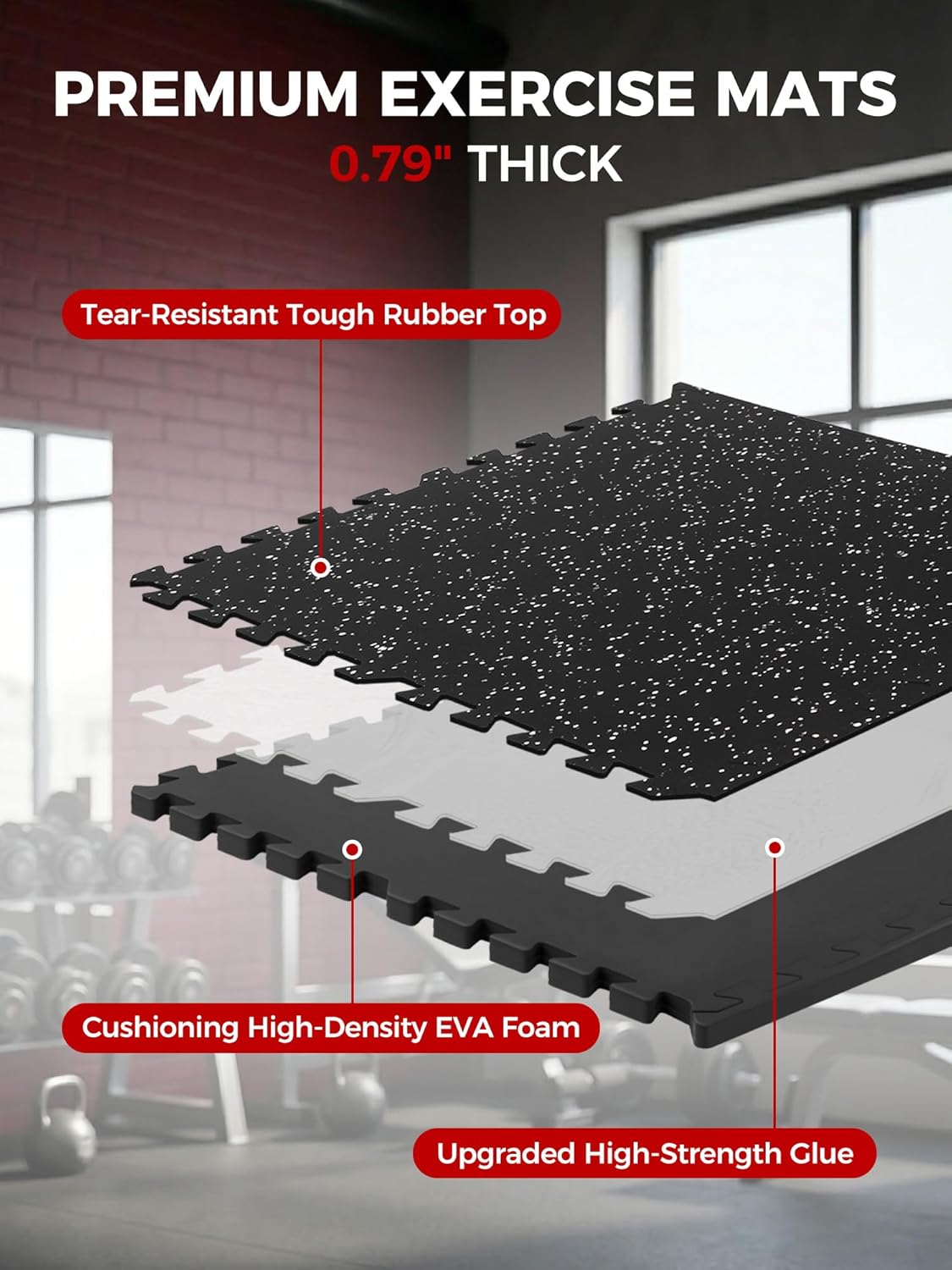 0.79" Extra-Thick Exercise Mats – 48 Sq Ft Interlocking Rubber & EVA Foam Gym Flooring Tiles – Black & White